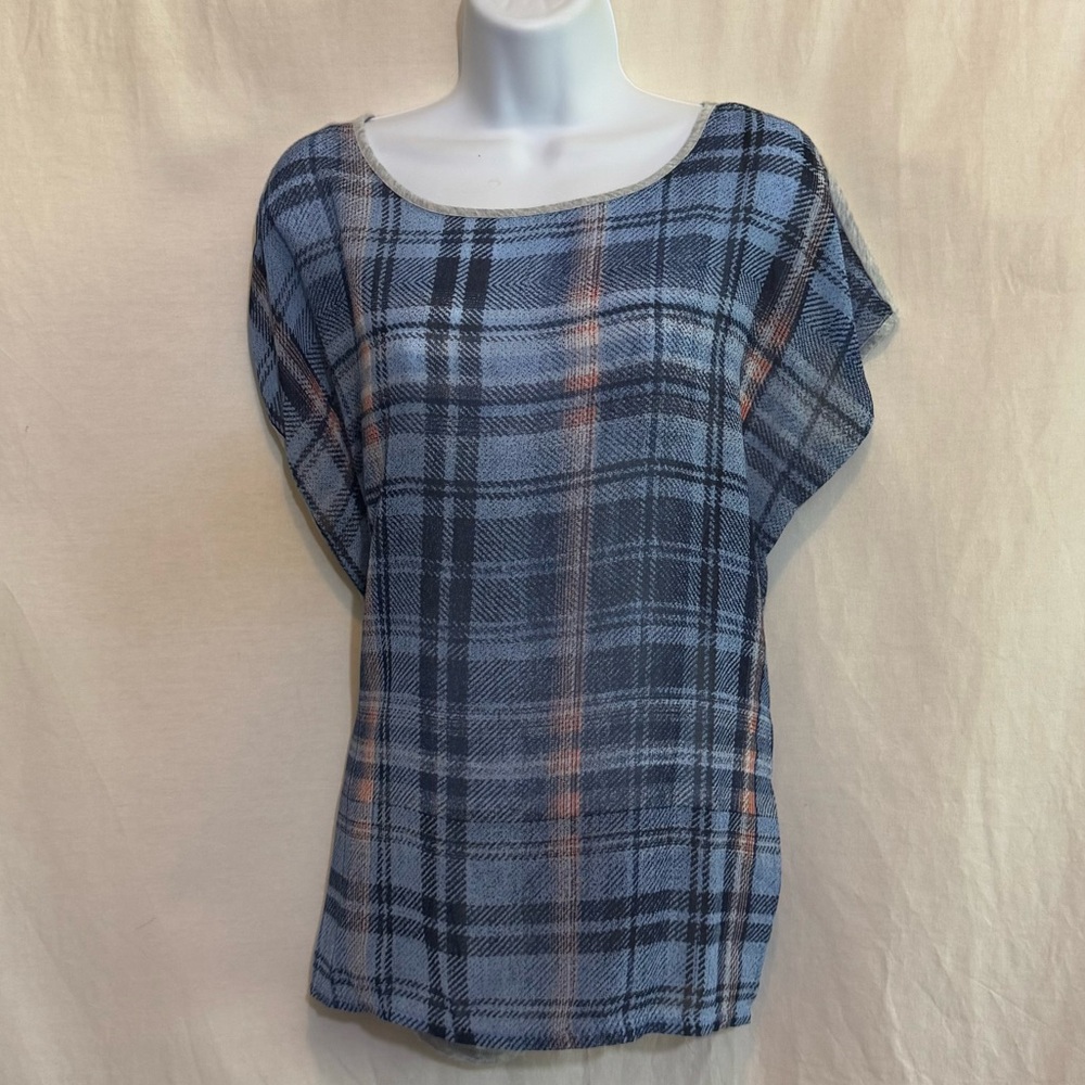 G-14 Two by Vince Camuto Blue & Gray Plaid Short Sleeve Pullover Blouse Size‎ S